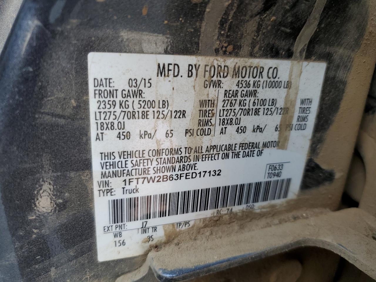 2015 Ford F250 Super Duty VIN: 1FT7W2B63FED17132 Lot: 70852935