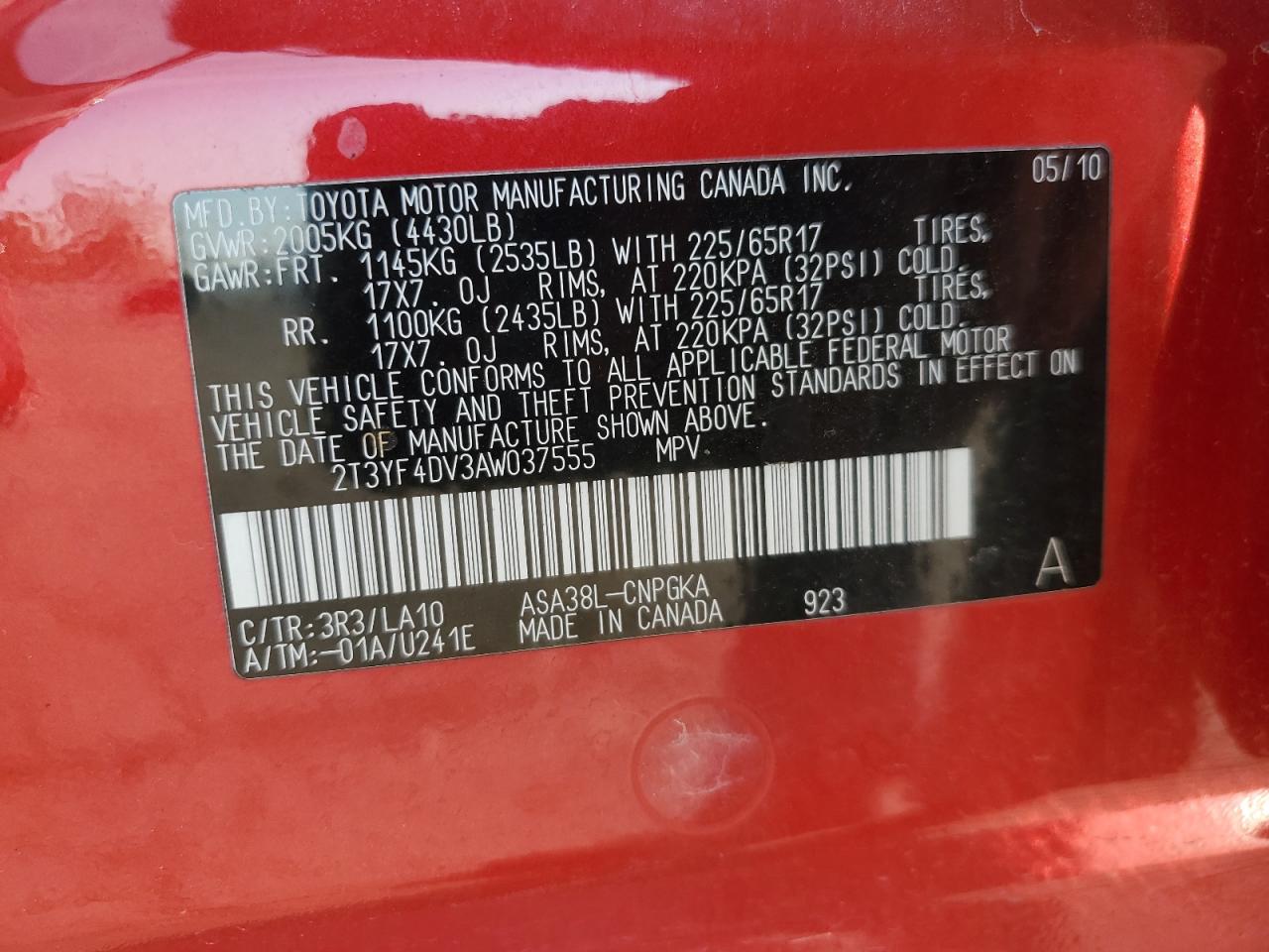 2010 Toyota Rav4 Limited VIN: 2T3YF4DV3AW037555 Lot: 81064765