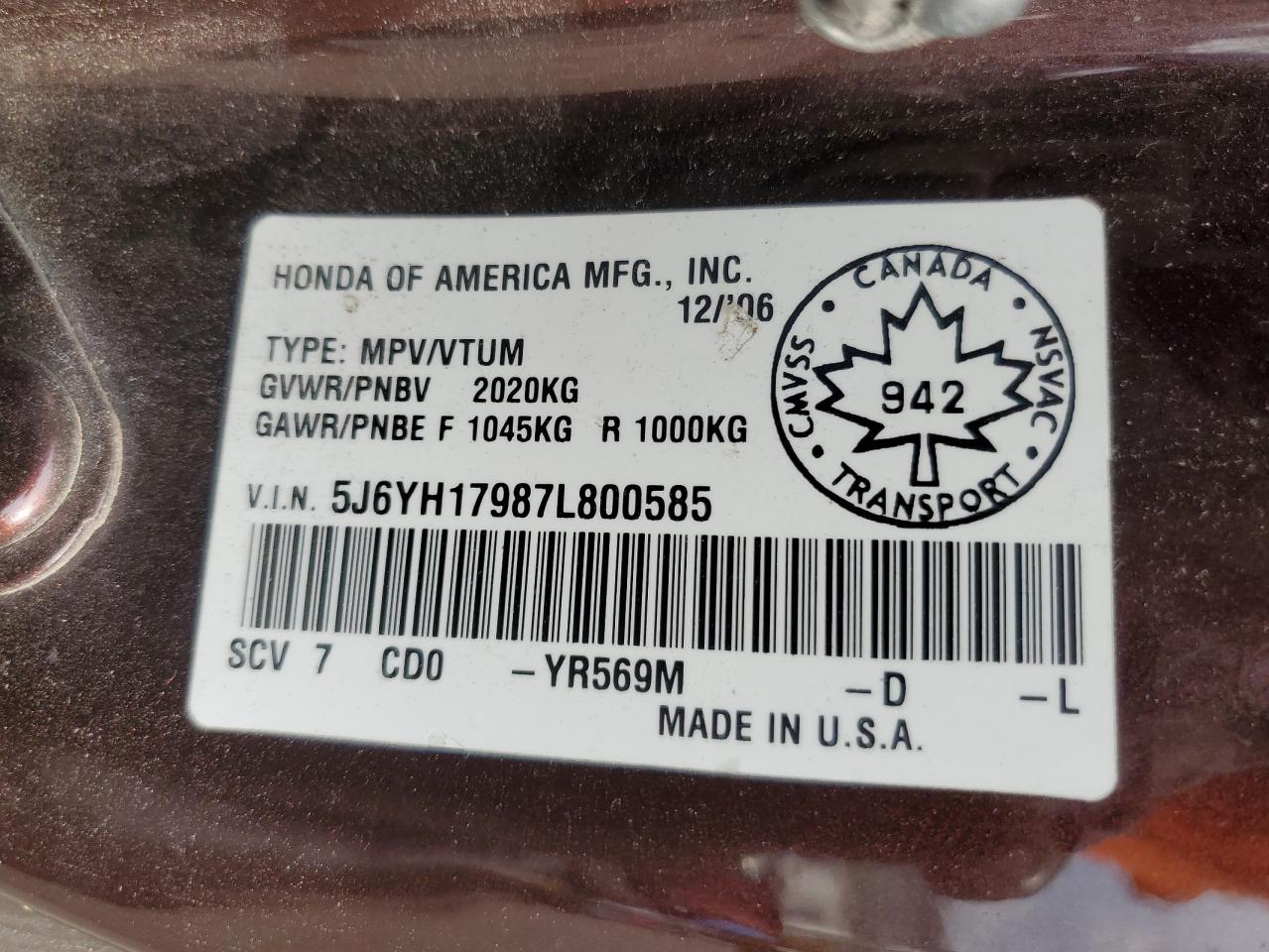 2007 Honda Element Sc VIN: 5J6YH17987L800585 Lot: 82168335