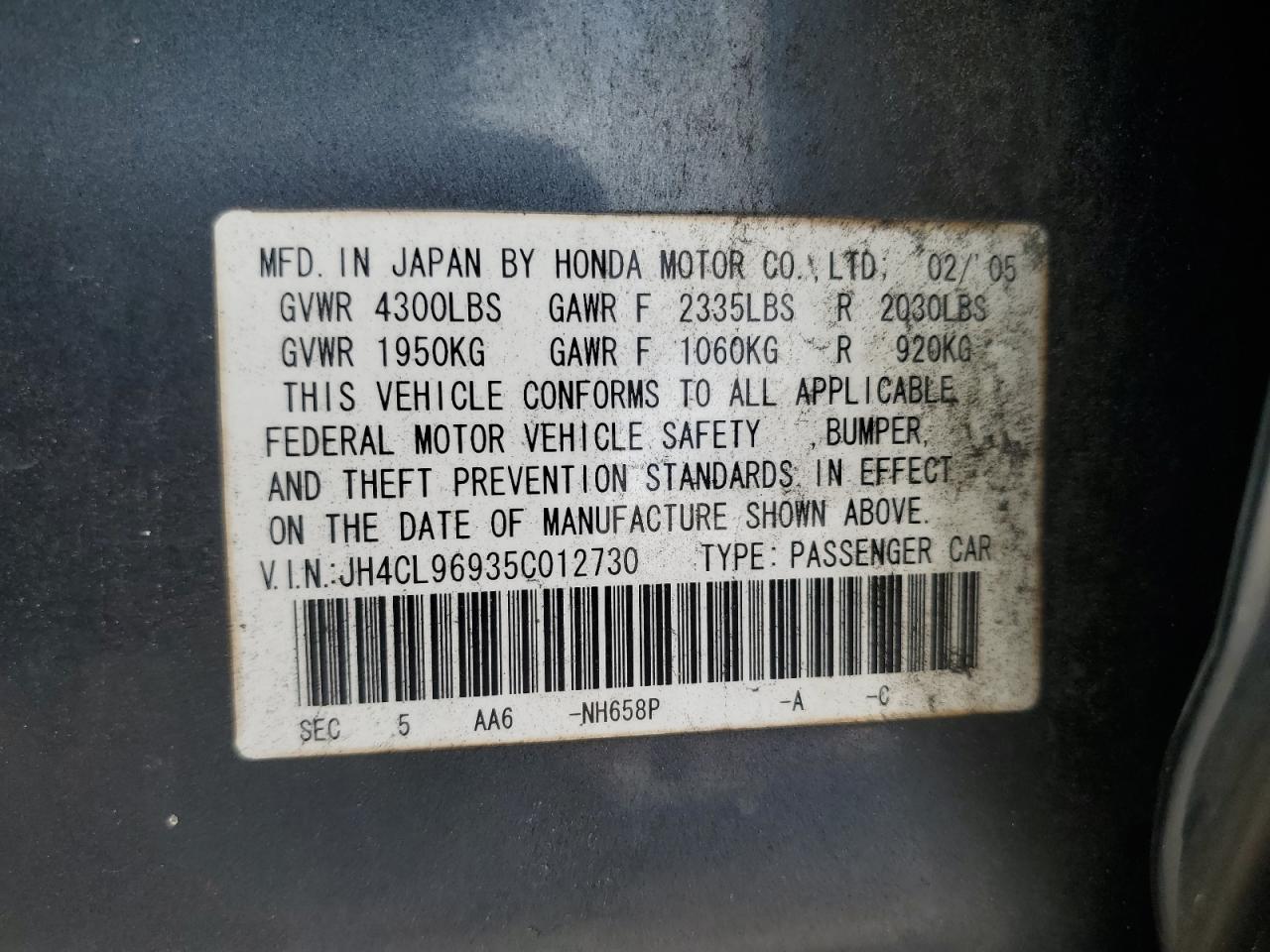 2005 Acura Tsx VIN: JH4CL96935C012730 Lot: 81602085
