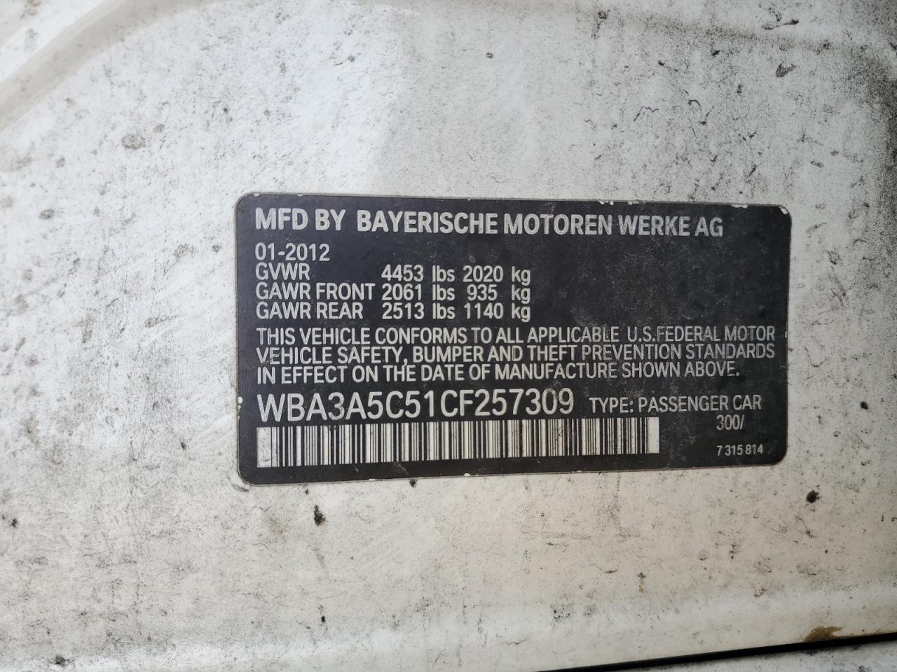 2012 BMW 328 I VIN: WBA3A5C51CF257309 Lot: 80308265