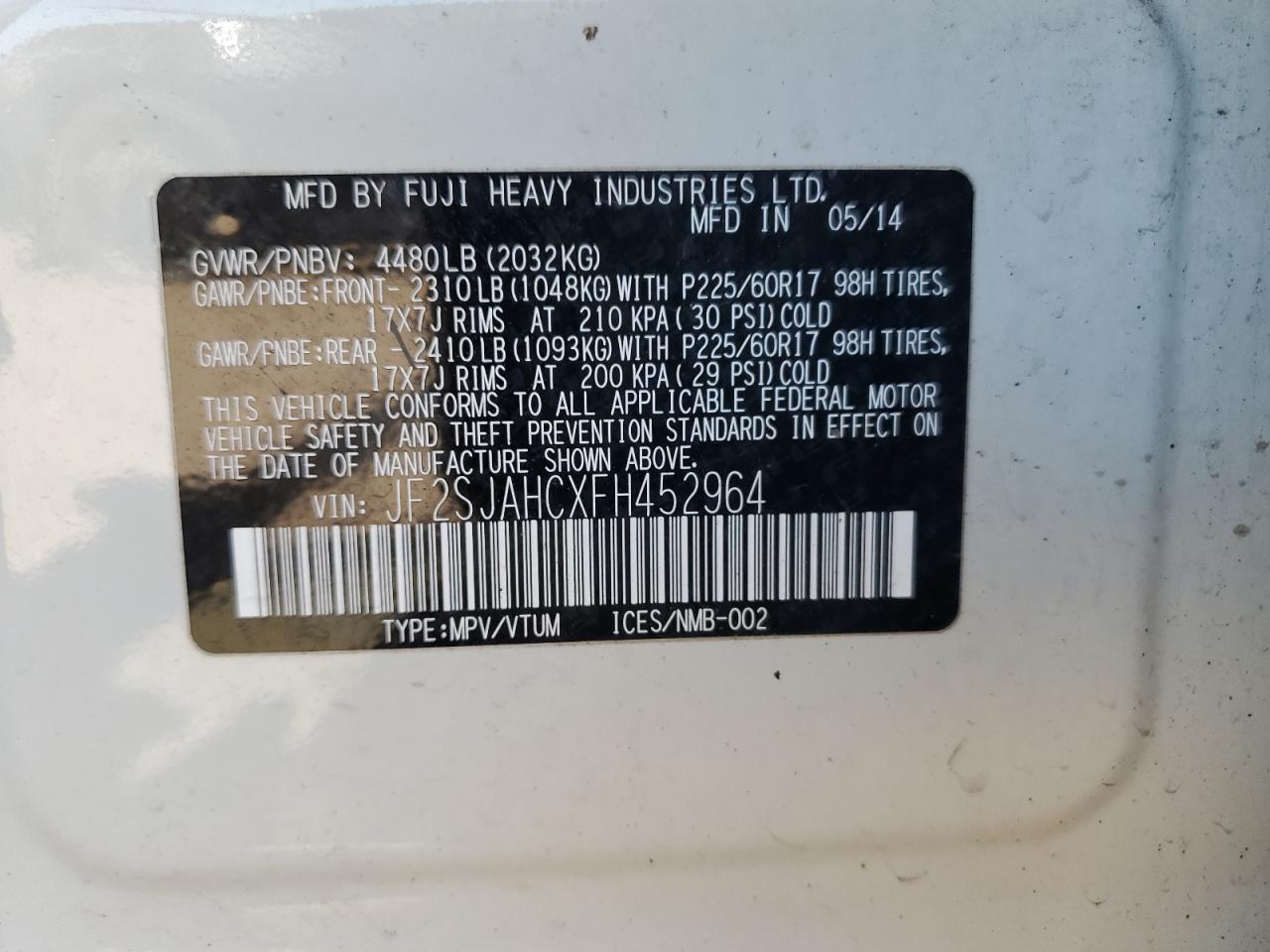 2015 Subaru Forester 2.5I Limited VIN: JF2SJAHCXFH452964 Lot: 84001155