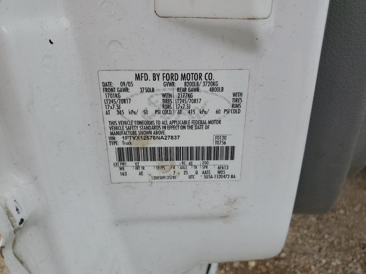 2006 Ford F150 VIN: 1FTVX12576NA27837 Lot: 83818735