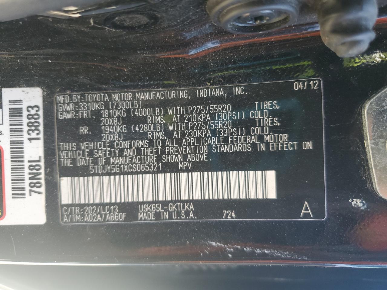 2012 Toyota Sequoia Limited VIN: 5TDJY5G1XCS065321 Lot: 71039115