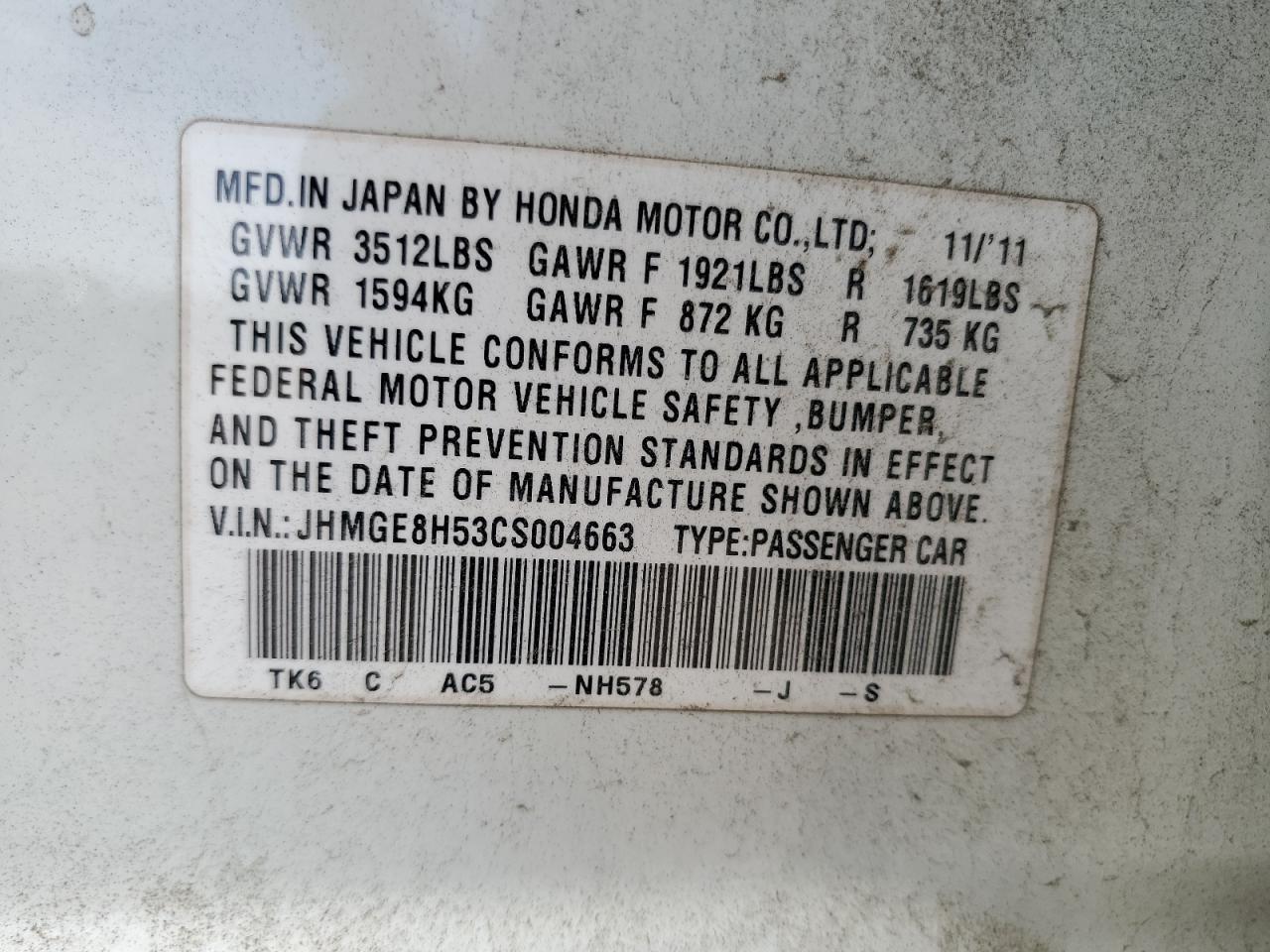 2012 Honda Fit Sport VIN: JHMGE8H53CS004663 Lot: 81883005