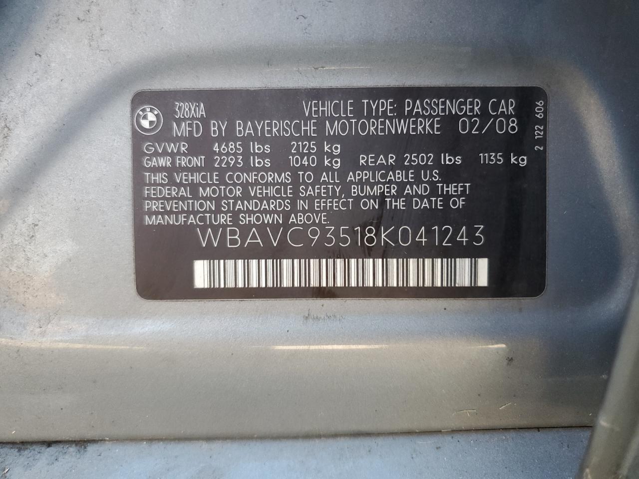 2008 BMW 328 Xi VIN: WBAVC93518K041243 Lot: 70506425