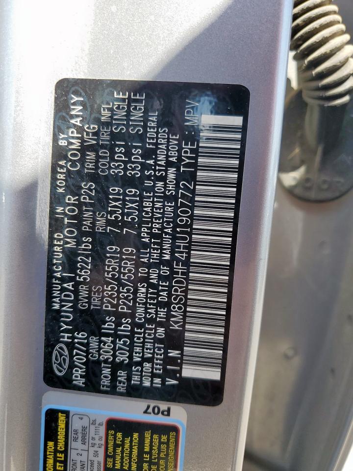 2017 Hyundai Santa Fe Se Ultimate VIN: KM8SRDHF4HU190772 Lot: 80812135