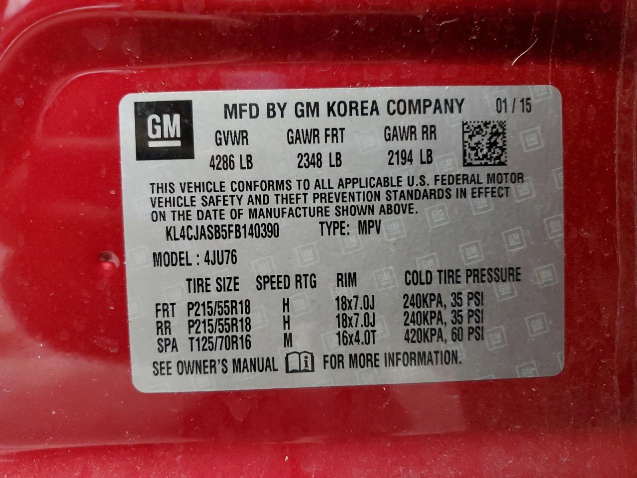 2015 Buick Encore VIN: KL4CJASB5FB140390 Lot: 80659345