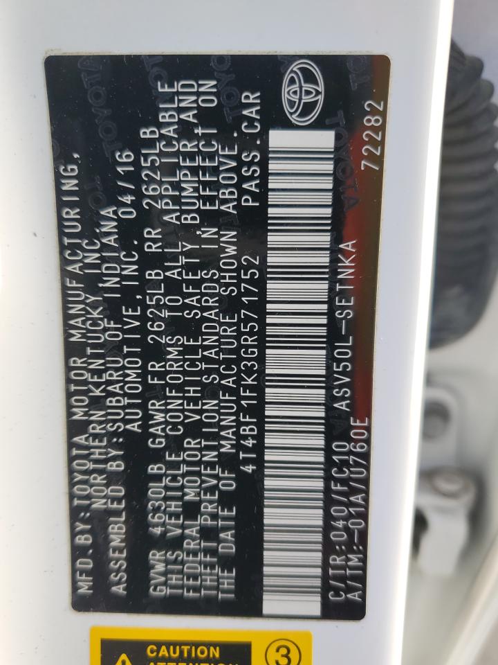 2016 Toyota Camry Le VIN: 4T4BF1FK3GR571752 Lot: 71709605