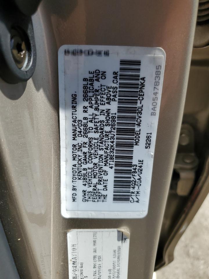 2003 Toyota Camry Le VIN: 4T1BE32K43U726981 Lot: 80194055