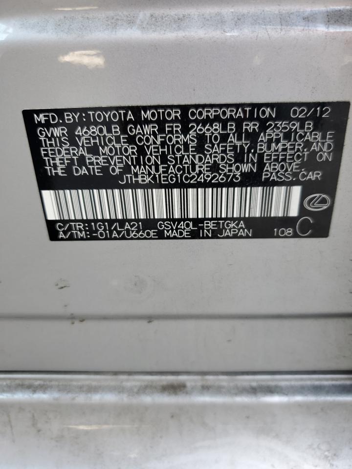 2012 Lexus Es 350 VIN: JTHBK1EG1C2492673 Lot: 84593375