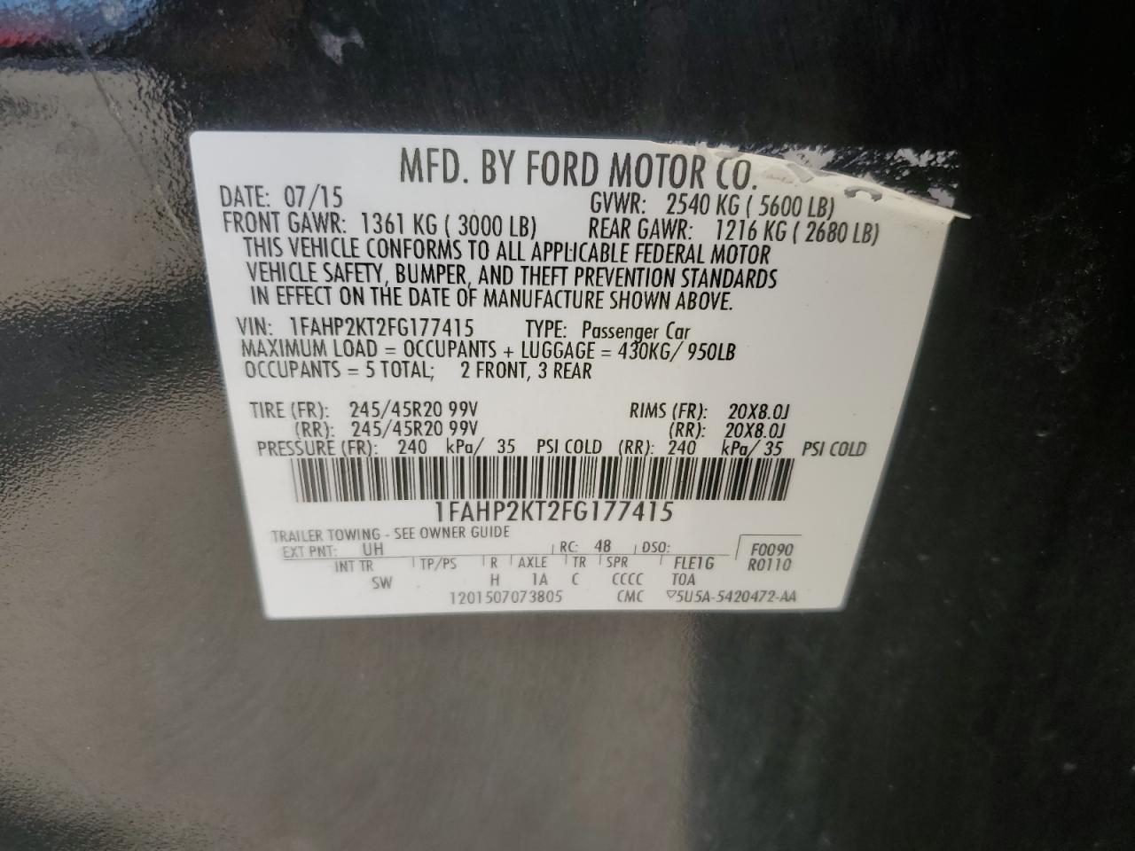 2015 Ford Taurus Sho VIN: 1FAHP2KT2FG177415 Lot: 71009925