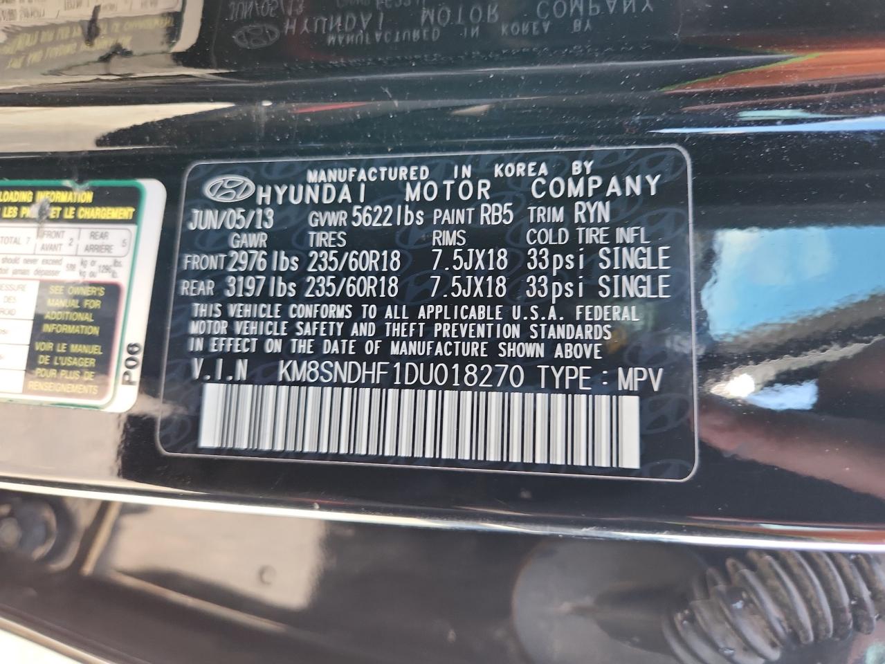 2013 Hyundai Santa Fe Gls VIN: KM8SNDHF1DU018270 Lot: 84612885