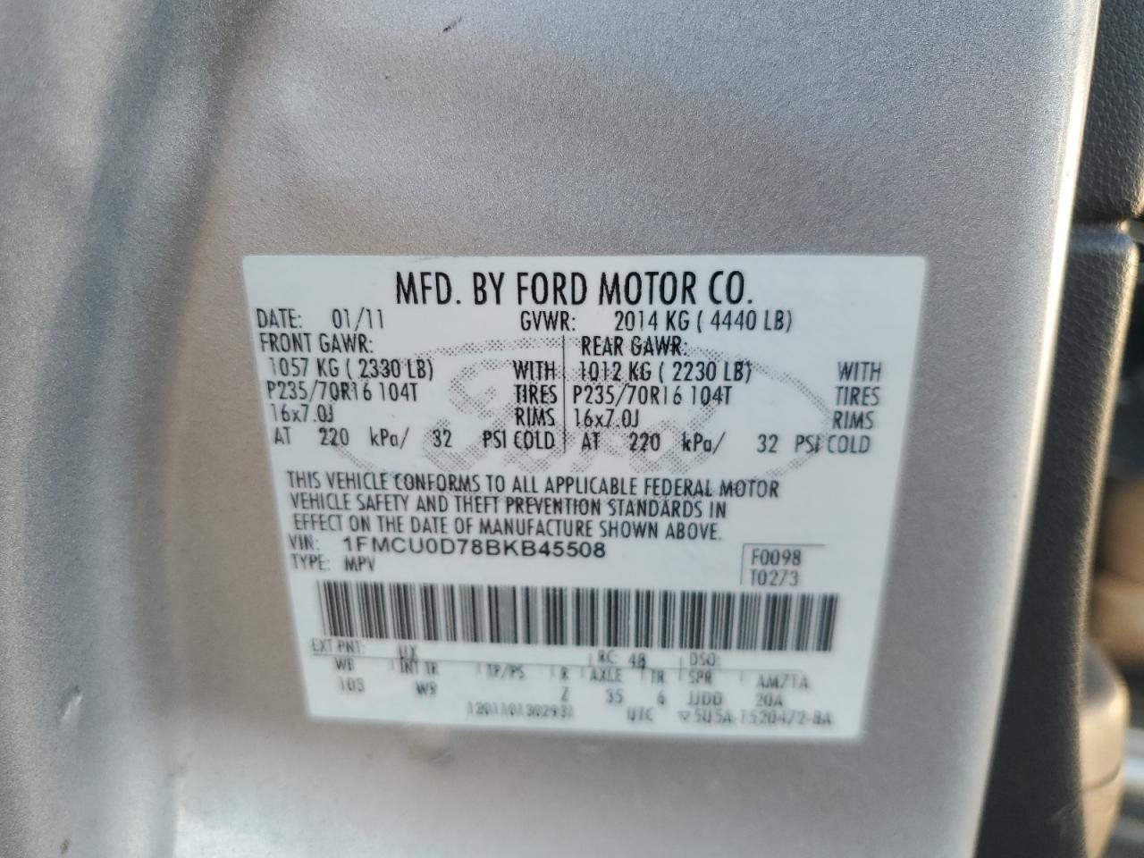 2011 Ford Escape Xlt VIN: 1FMCU0D78BKB45508 Lot: 81153745