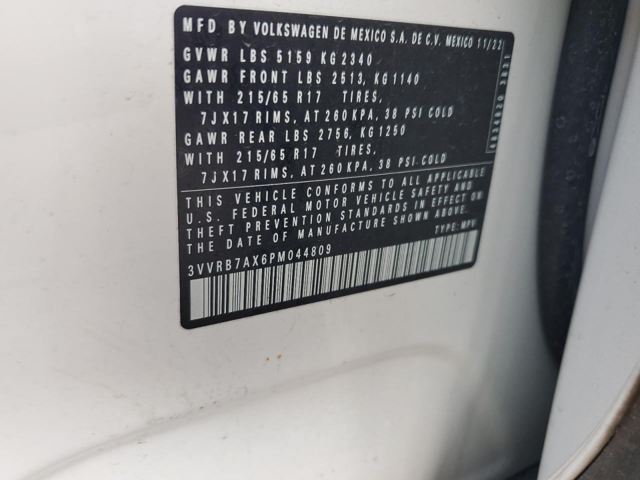 2023 Volkswagen Tiguan S VIN: 3VVRB7AX6PM044809 Lot: 81716895