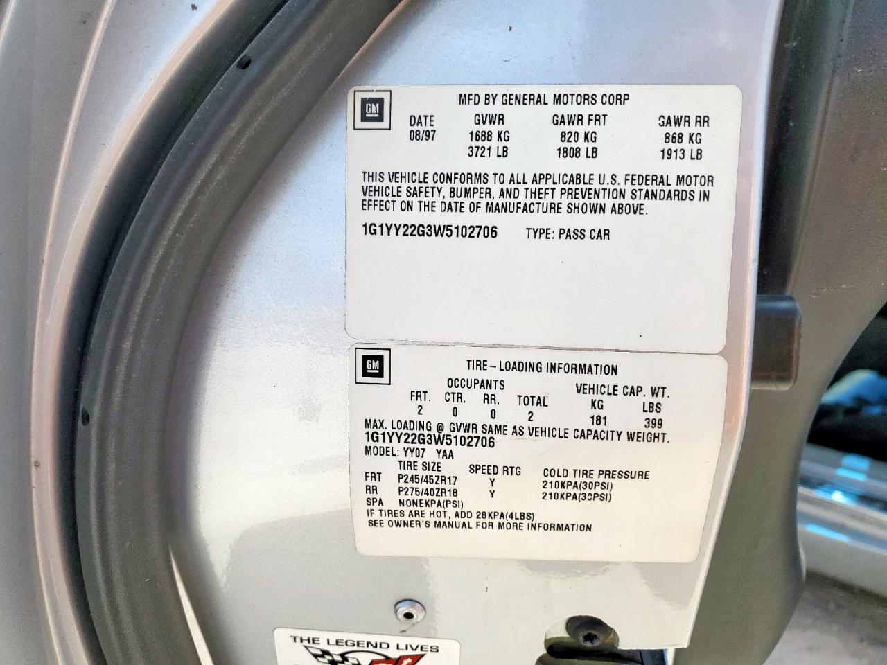 1998 Chevrolet Corvette VIN: 1G1YY22G3W5102706 Lot: 81441075