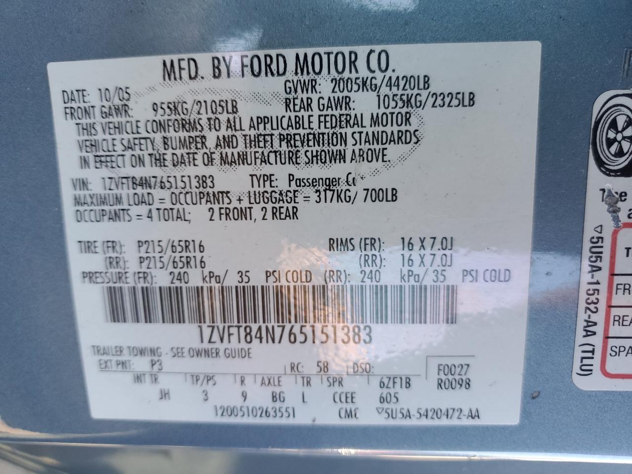 2006 Ford Mustang VIN: 1ZVFT84N765151383 Lot: 81586795