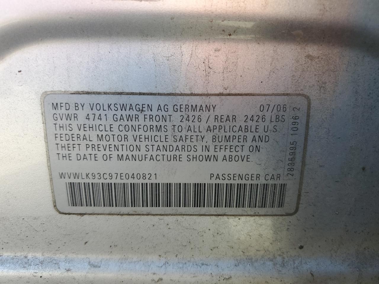 2007 Volkswagen Passat 2.0T Wagon Value VIN: WVWLK93C97E040821 Lot: 83801475