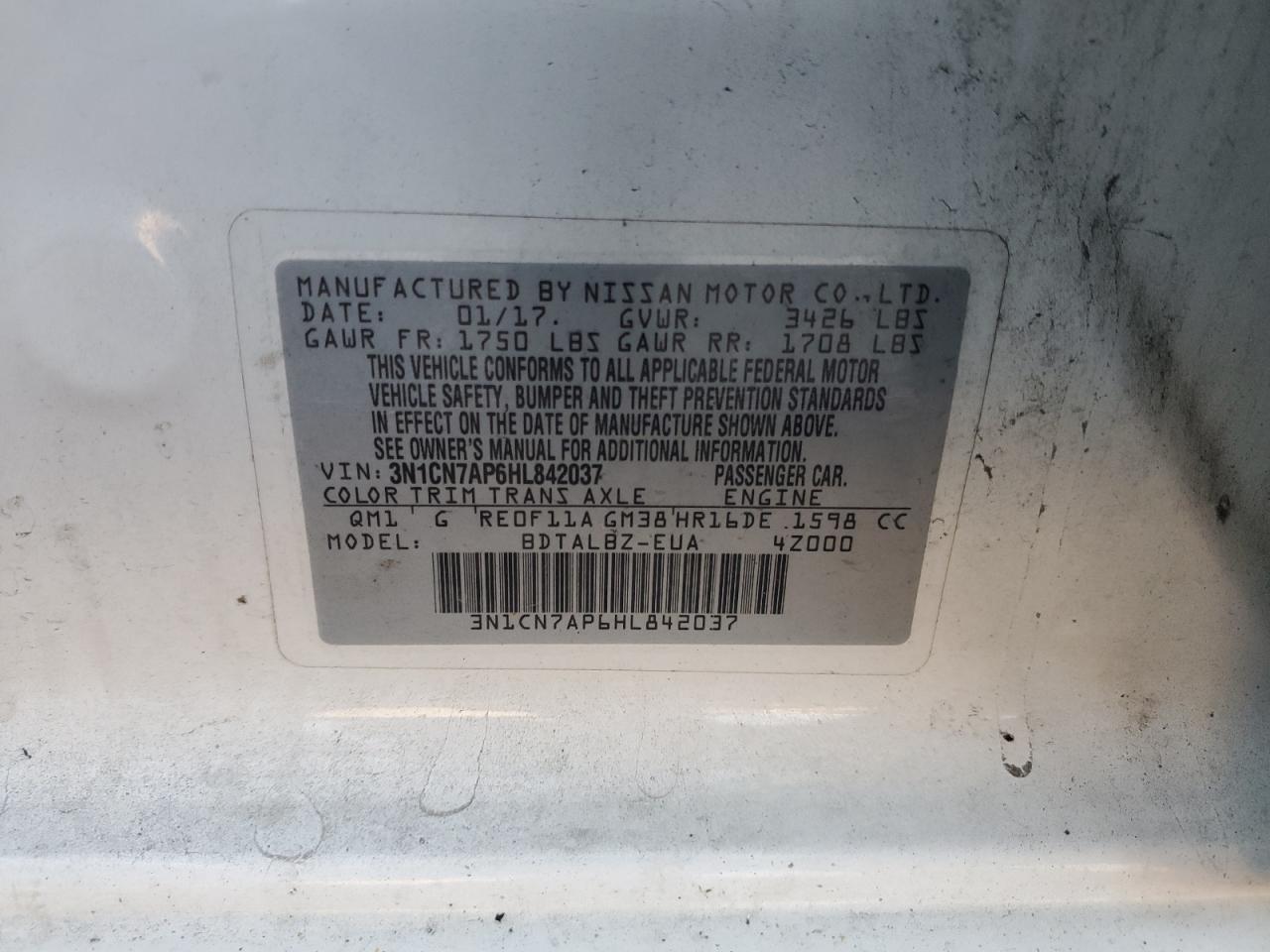 2017 Nissan Versa S VIN: 3N1CN7AP6HL842037 Lot: 71425345