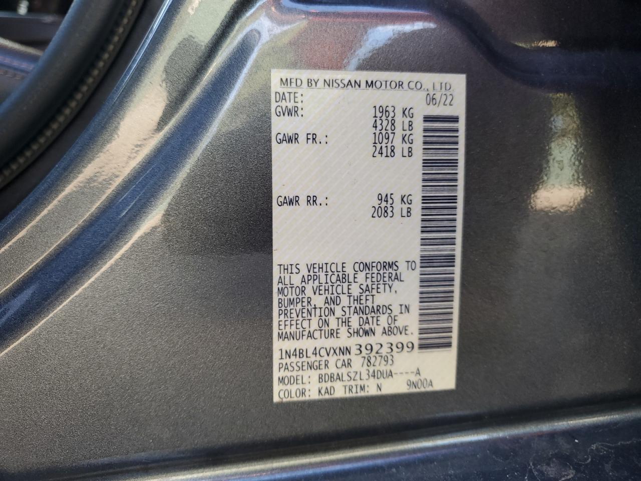 2022 Nissan Altima Sr VIN: 1N4BL4CVXNN392399 Lot: 81781485