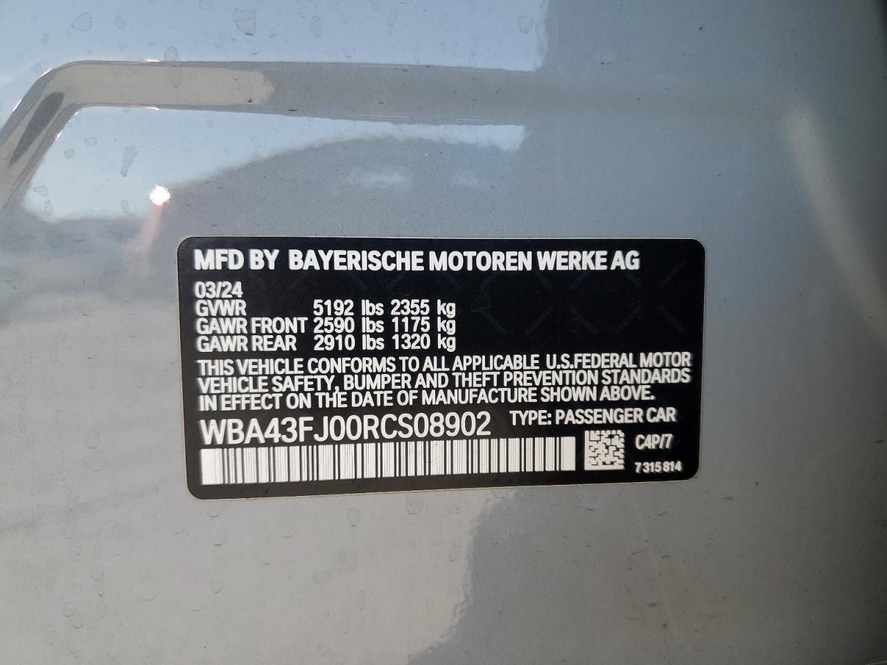 2024 BMW 530 I VIN: WBA43FJ00RCS08902 Lot: 80747495