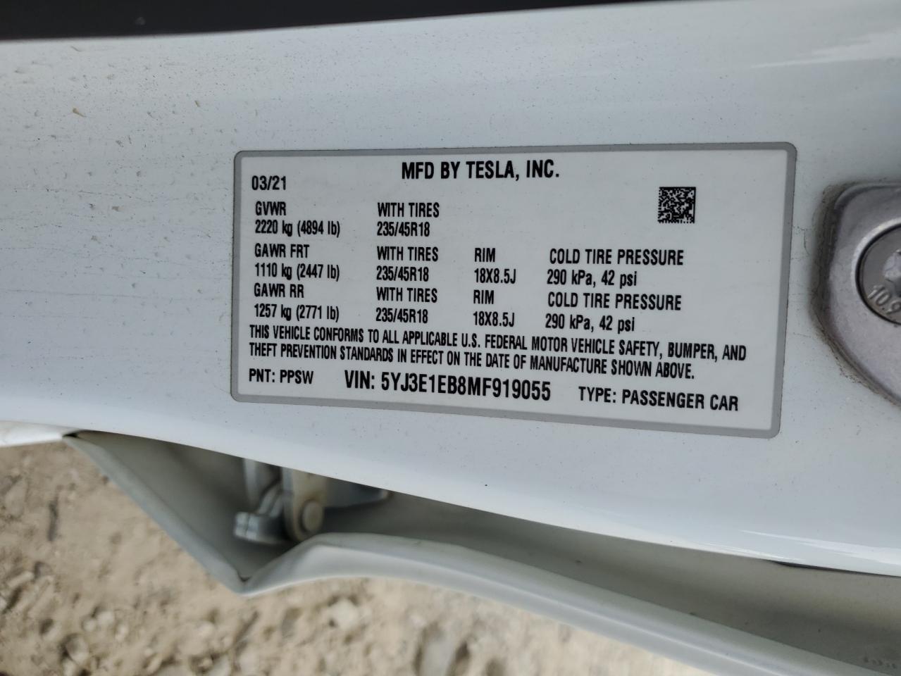 2021 Tesla Model 3 VIN: 5YJ3E1EB8MF919055 Lot: 80888145