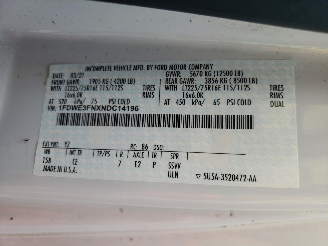 2022 Ford Econoline E350 Super Duty Cutaway Van VIN: 1FDWE3FNXNDC14196 Lot: 80861815