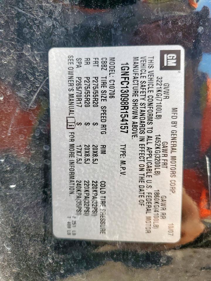 2008 Chevrolet Tahoe C1500 VIN: 1GNFC13098R154157 Lot: 81831325