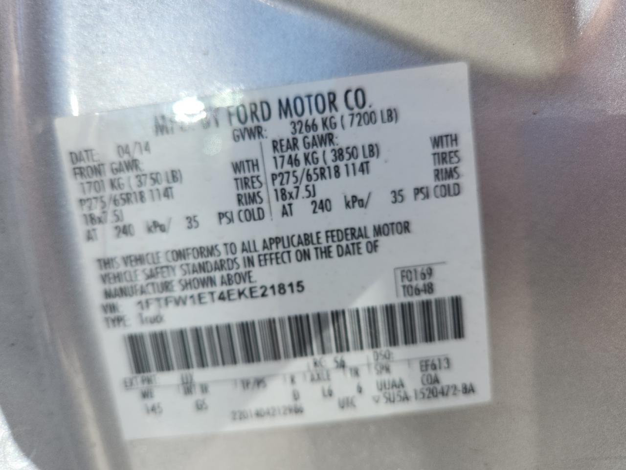 2014 Ford F150 Supercrew VIN: 1FTFW1ET4EKE21815 Lot: 71427305