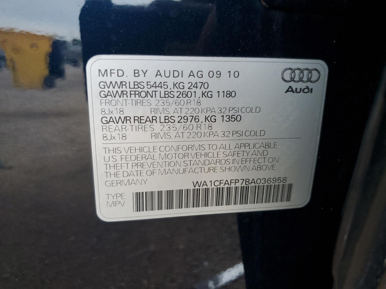 2011 Audi Q5 Premium VIN: WA1CFAFP7BA036958 Lot: 71809735