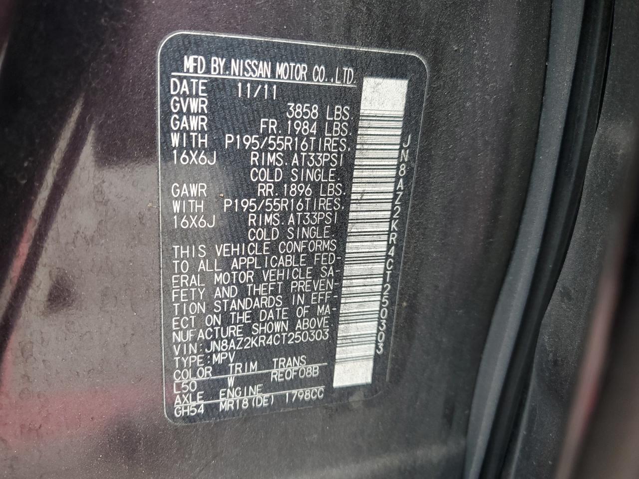 2012 Nissan Cube Base VIN: JN8AZ2KR4CT250303 Lot: 85576375