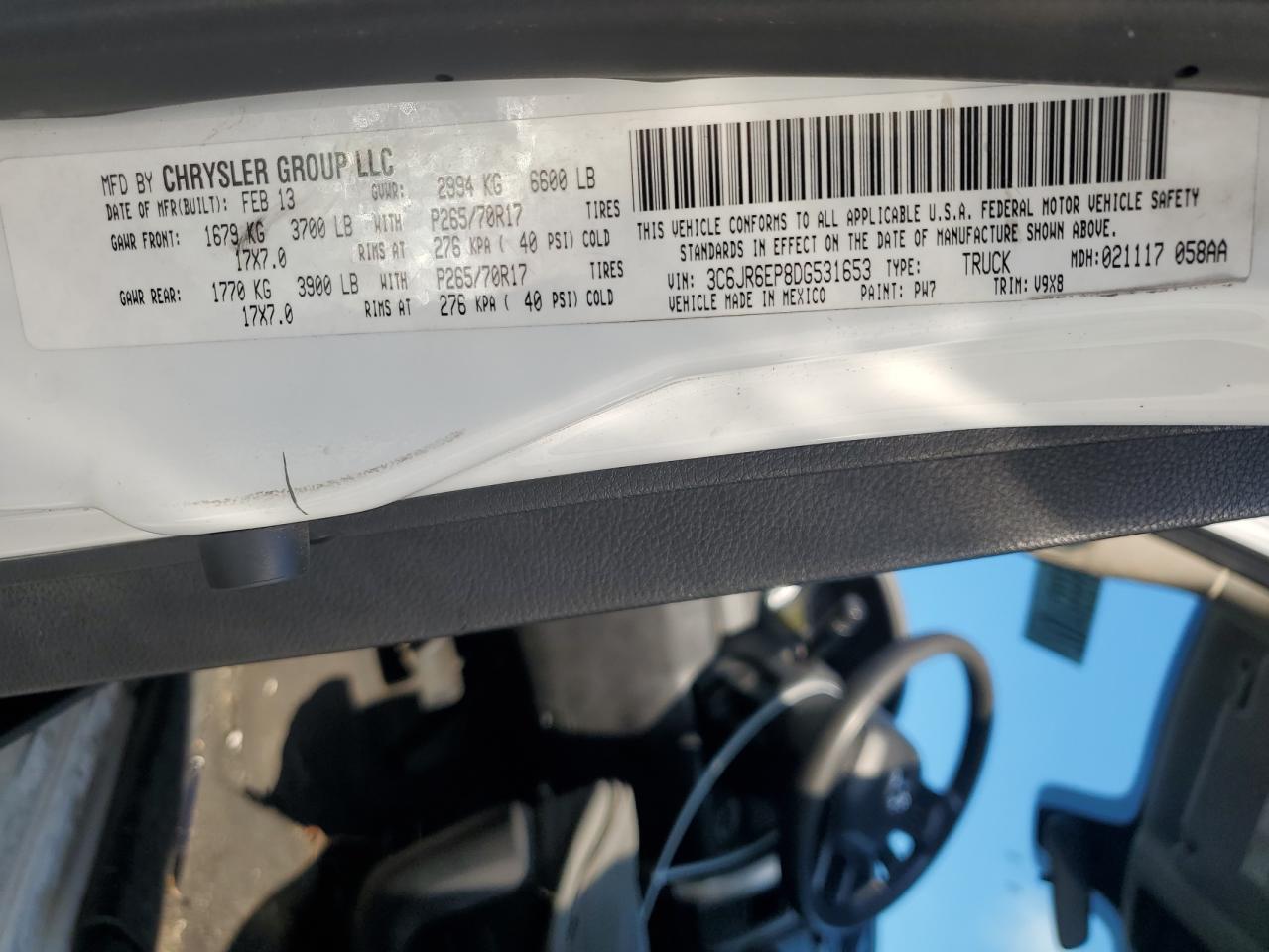 2013 Ram 1500 Slt VIN: 3C6JR6EP8DG531653 Lot: 70155975