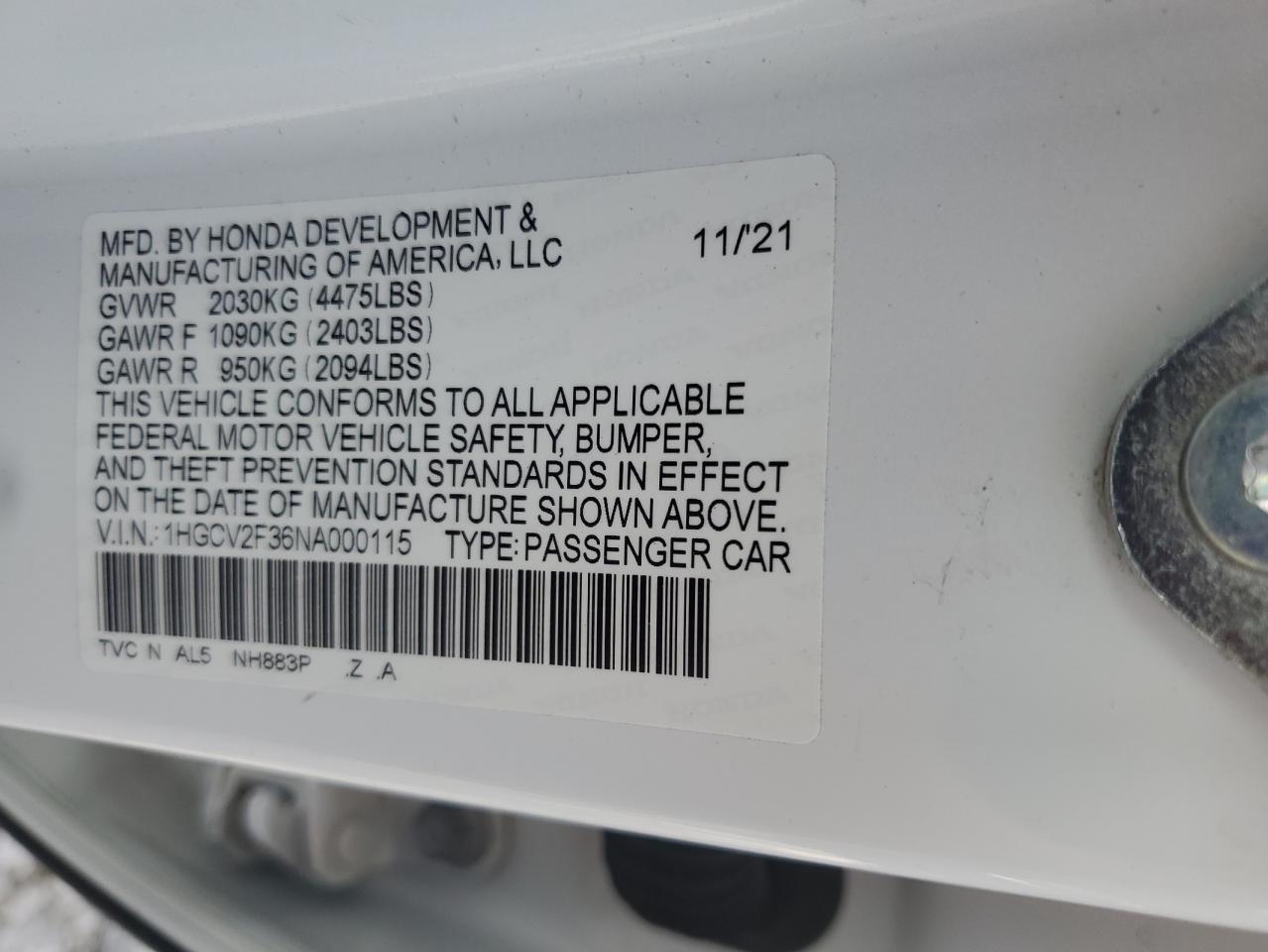 2022 Honda Accord Sport VIN: 1HGCV2F36NA000115 Lot: 71506465
