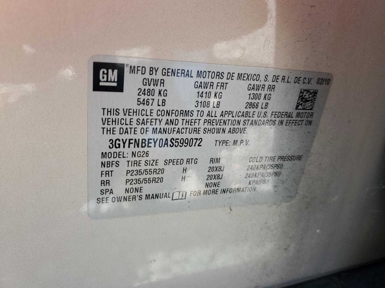 2010 Cadillac Srx Performance Collection VIN: 3GYFNBEY0AS599072 Lot: 80439335