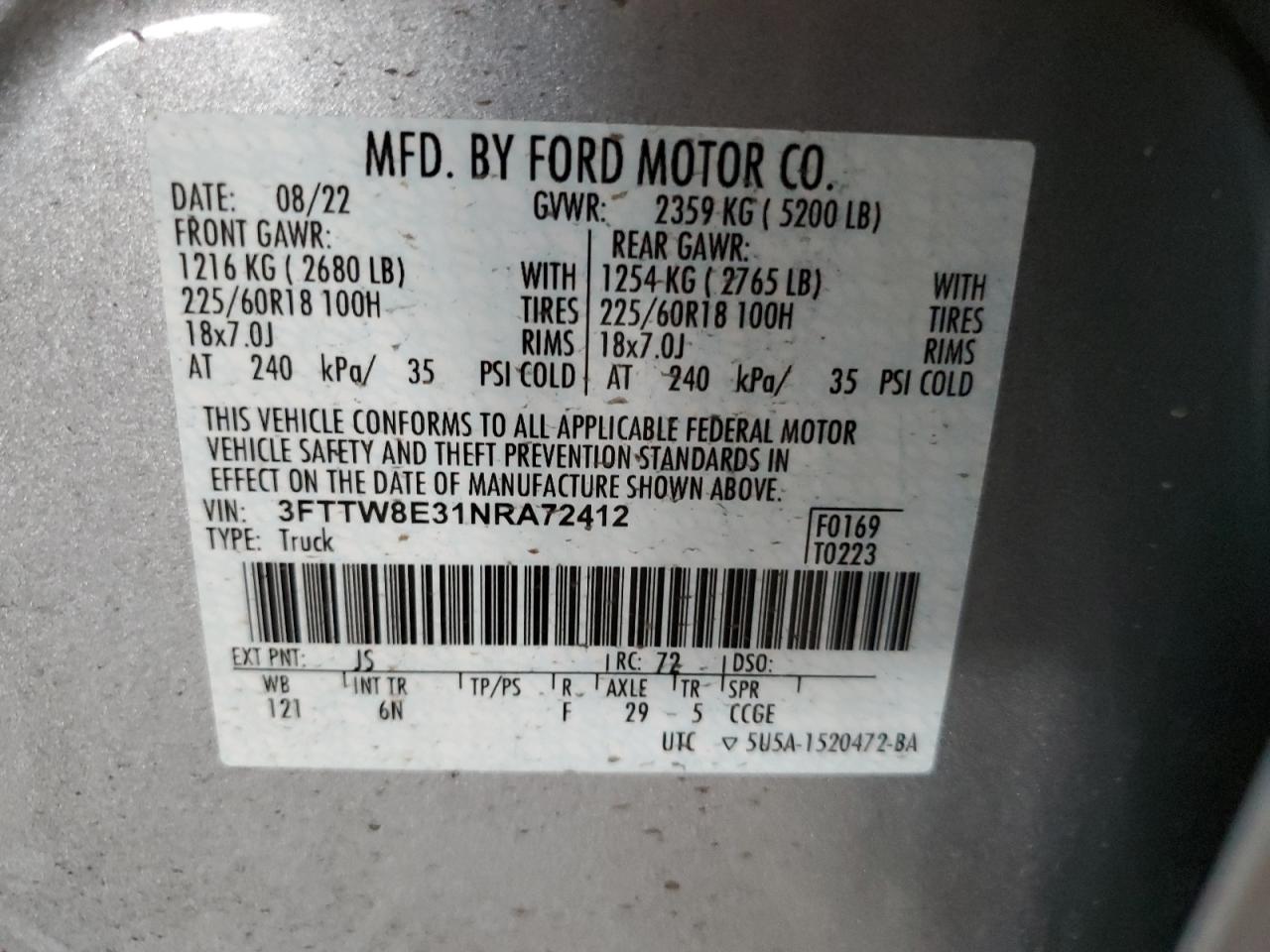 2022 Ford Maverick Xl VIN: 3FTTW8E31NRA72412 Lot: 71027525