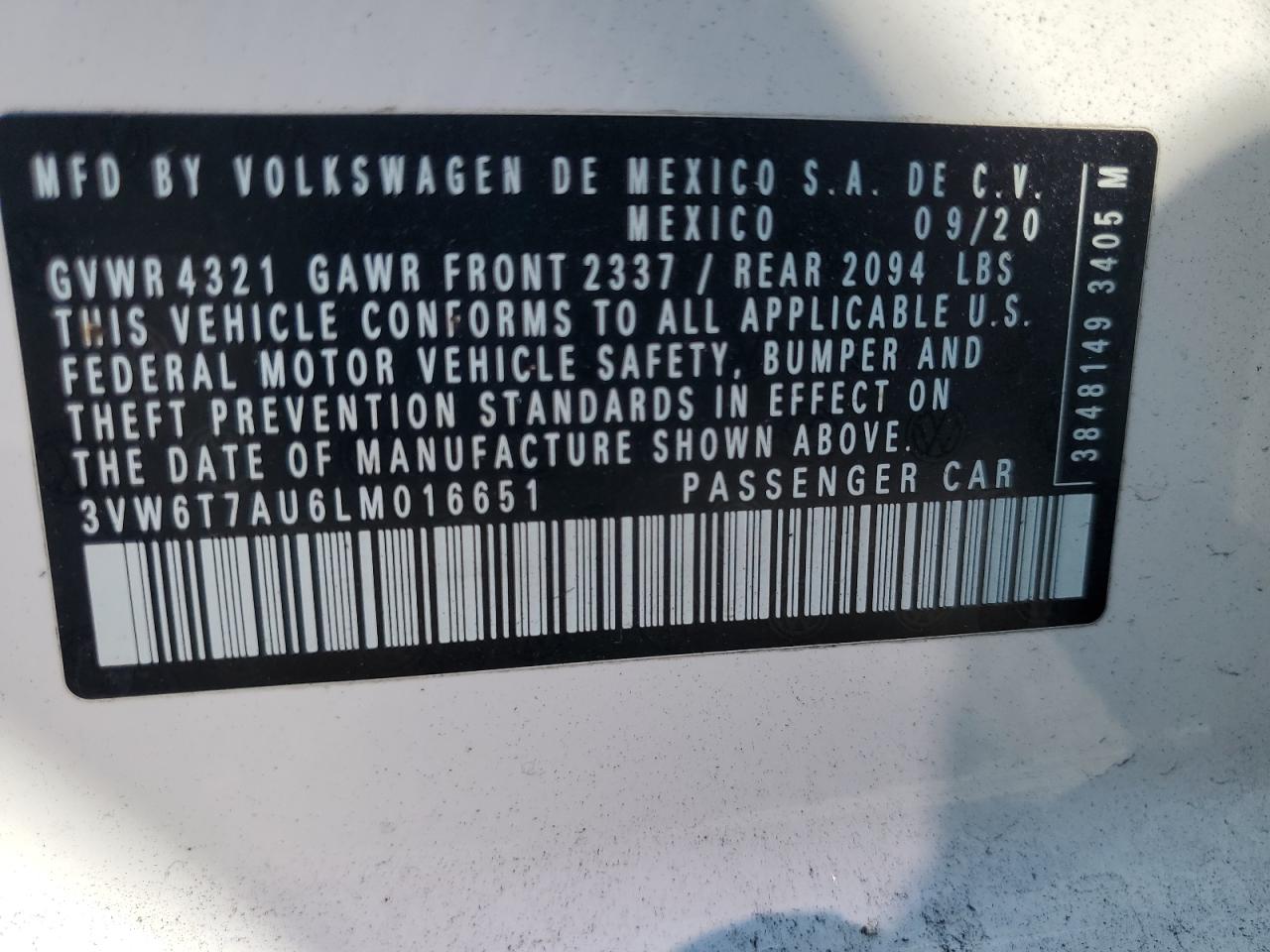 2020 Volkswagen Gti S VIN: 3VW6T7AU6LM016651 Lot: 71350685