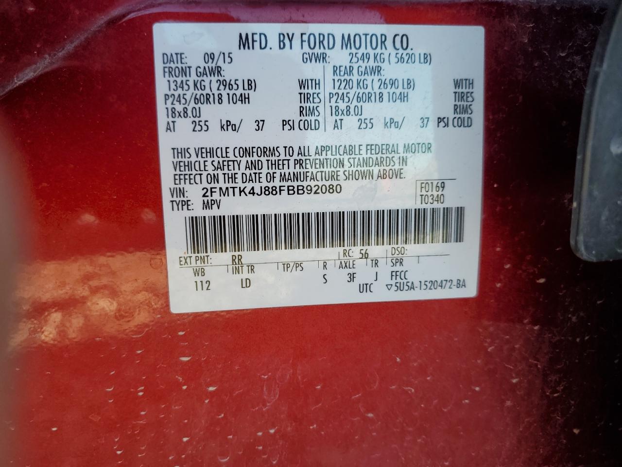 2015 Ford Edge Sel VIN: 2FMTK4J88FBB92080 Lot: 81482085