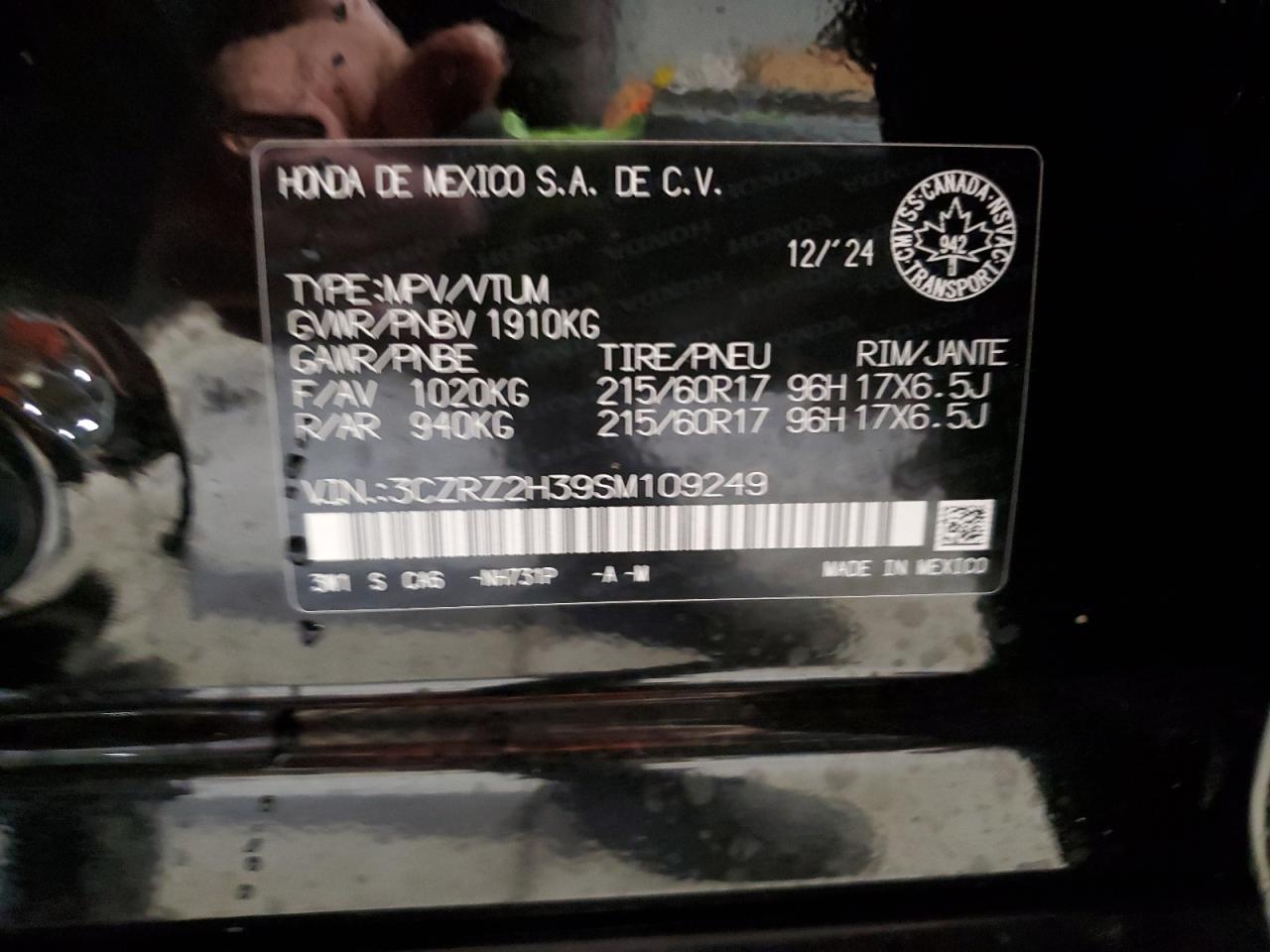 2025 Honda Hr-V Lx VIN: 3CZRZ2H39SM109249 Lot: 81598815