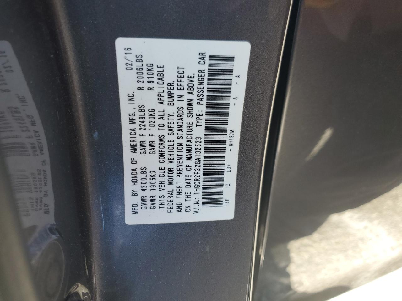 2016 Honda Accord Lx VIN: 1HGCR2F32GA132523 Lot: 72027975