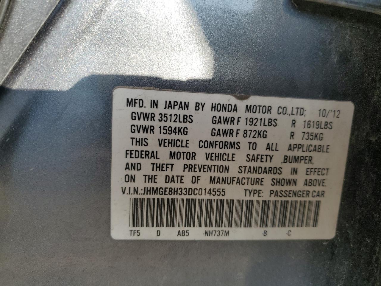 2013 Honda Fit VIN: JHMGE8H33DC014555 Lot: 84395915