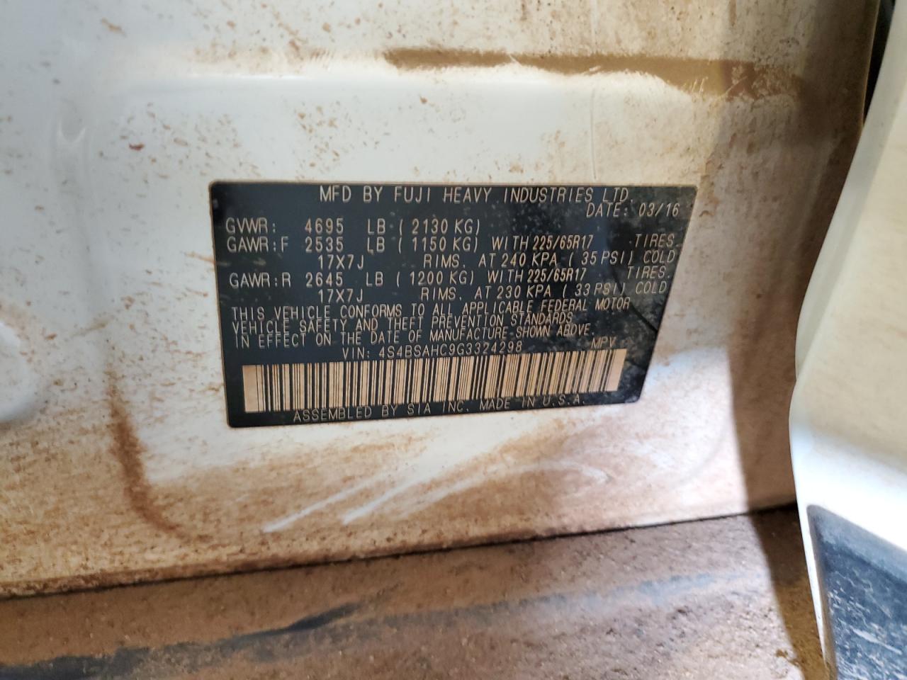 2016 Subaru Outback 2.5I Premium VIN: 4S4BSAHC9G3324298 Lot: 71623545