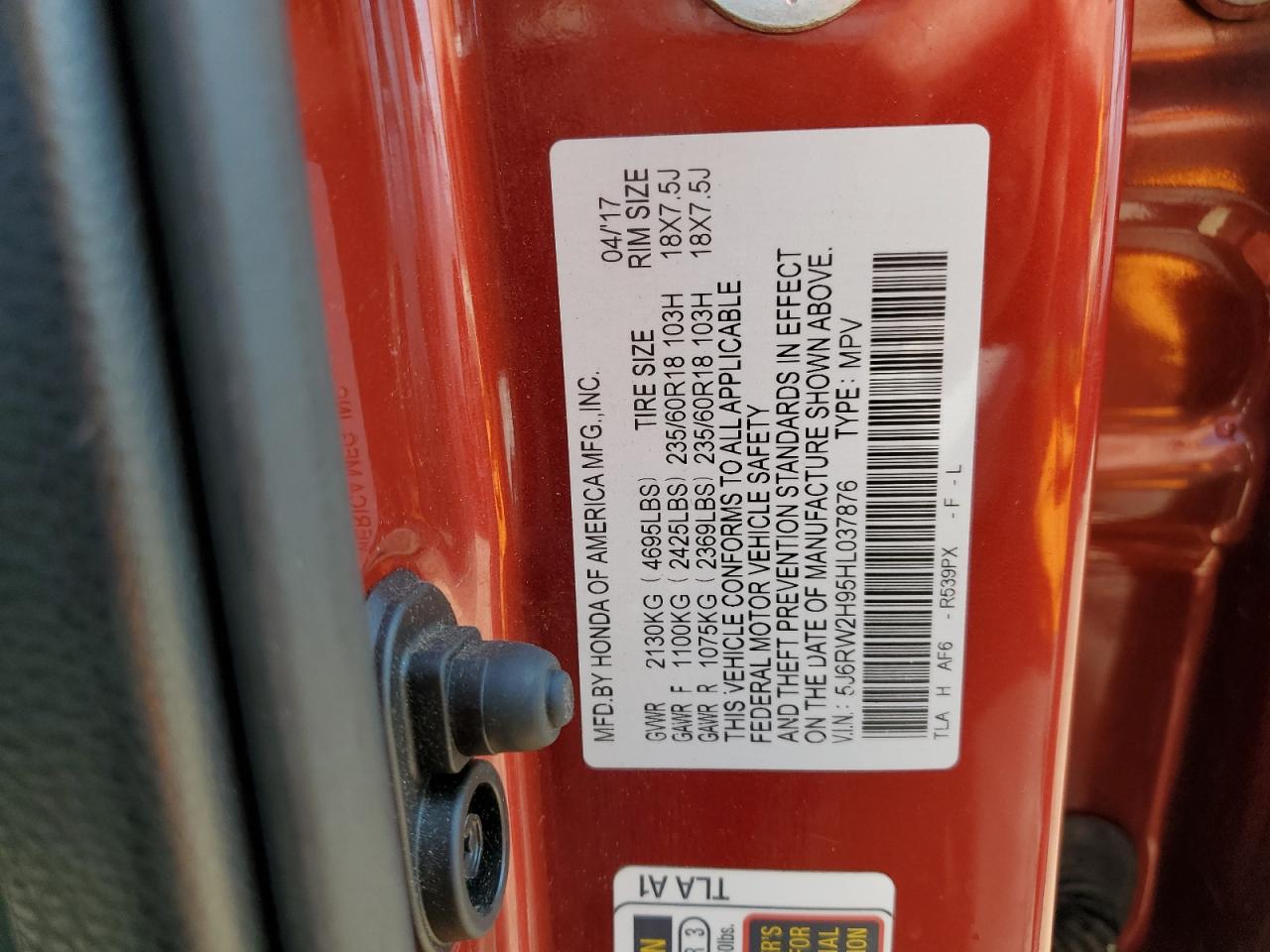 2017 Honda Cr-V Touring VIN: 5J6RW2H95HL037876 Lot: 80301335