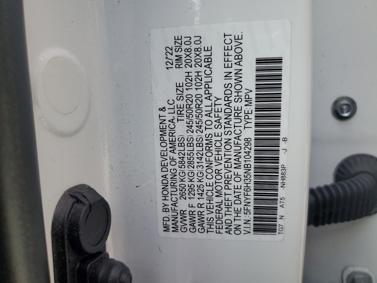 2022 Honda Pilot Sport VIN: 5FNYF6H35NB104298 Lot: 81635005