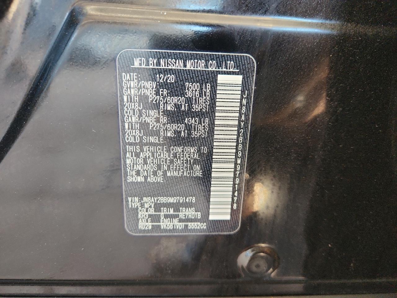 2021 Nissan Armada Sl VIN: JN8AY2BB9M9791478 Lot: 81613305