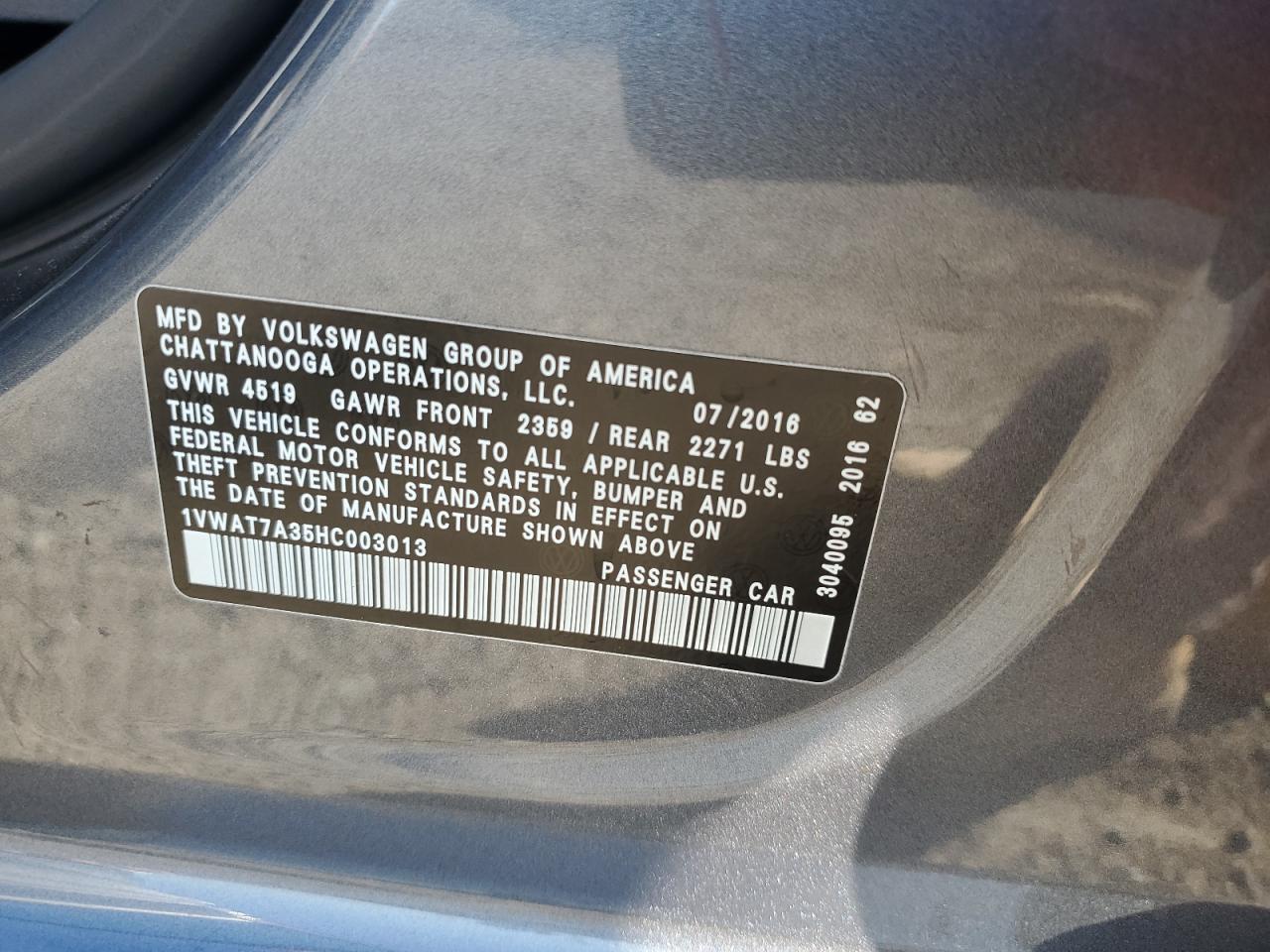 2017 Volkswagen Passat S VIN: 1VWAT7A35HC003013 Lot: 81798885