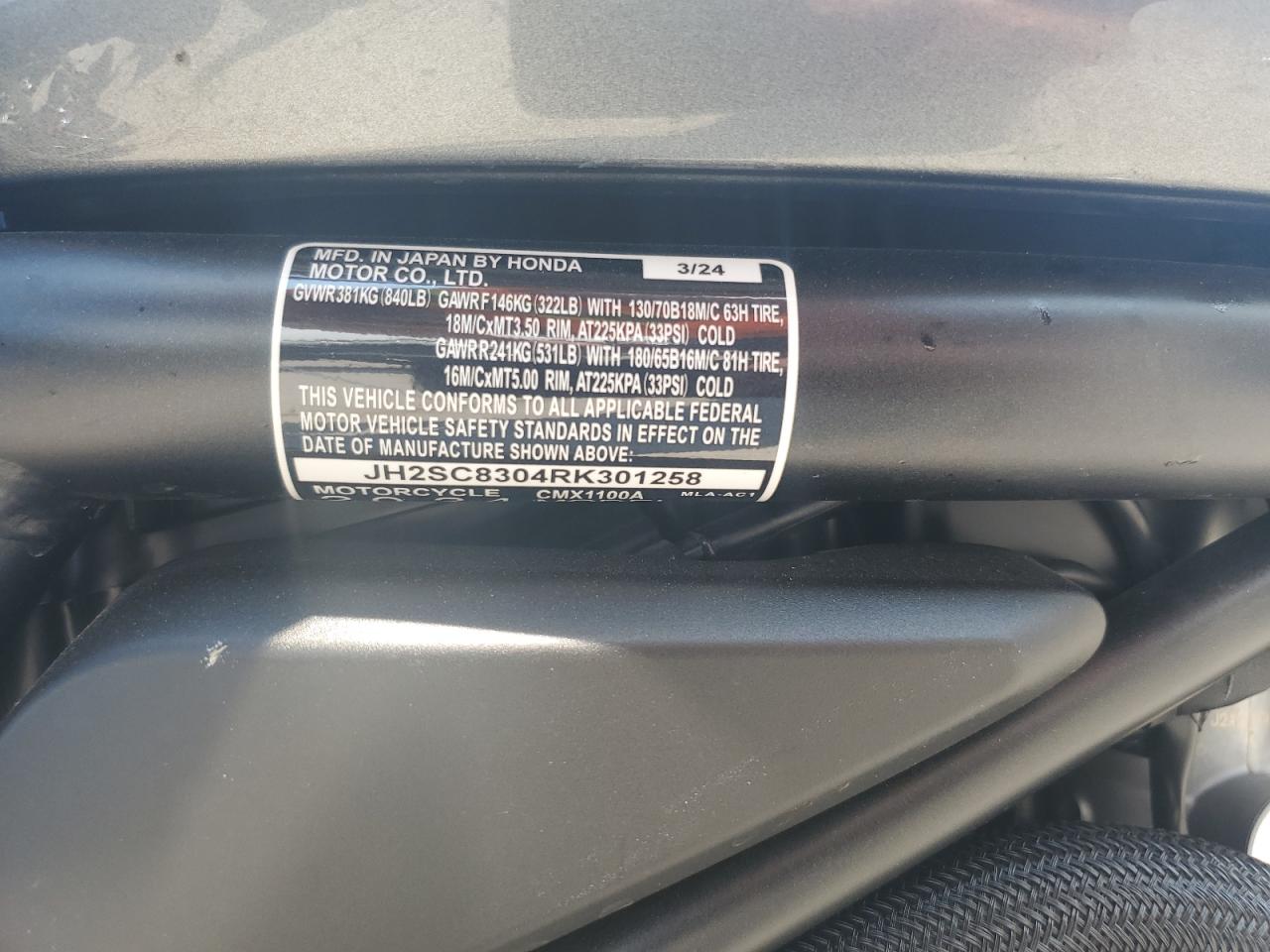 2024 Honda Cmx1100 A VIN: JH2SC8304RK301258 Lot: 80529835