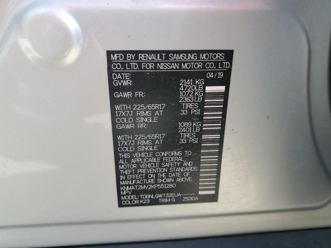 2019 Nissan Rogue S VIN: KNMAT2MV2KP551280 Lot: 71273915