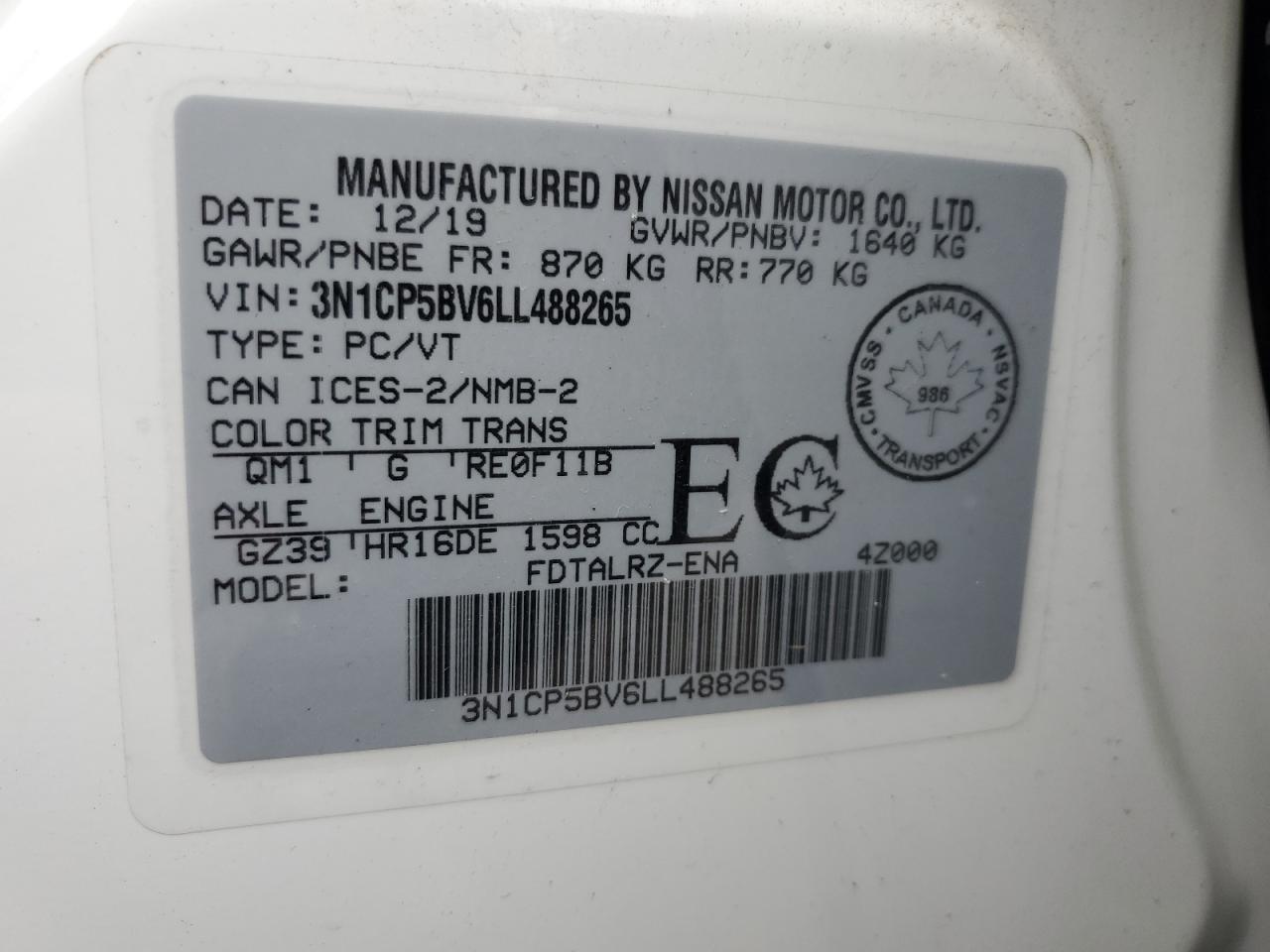 2020 Nissan Kicks S VIN: 3N1CP5BV6LL488265 Lot: 82043575