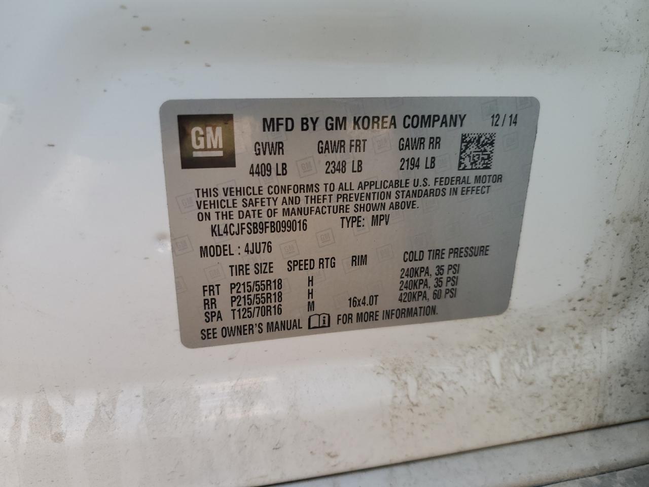 2015 Buick Encore Convenience VIN: KL4CJFSB9FB099016 Lot: 80321255