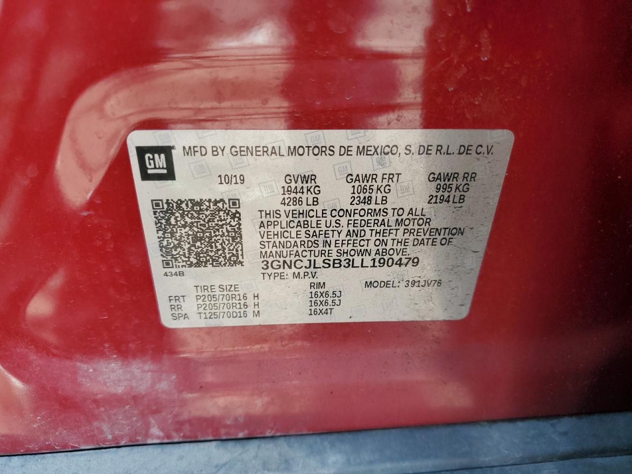 2020 Chevrolet Trax 1Lt VIN: 3GNCJLSB3LL190479 Lot: 80461345